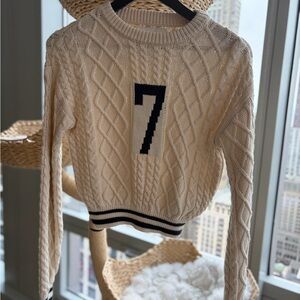 Zara Cream Cable-Knit Crew Sweater with Black '7' Detail